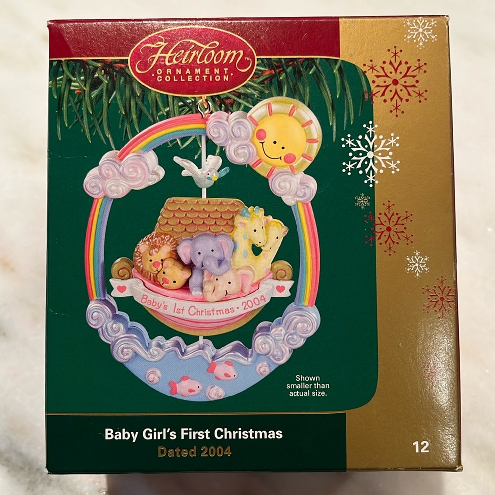 EUC Baby Girl's First Christmas 2004 Noah's Ark Heirloom Ornament, Carlton Cards